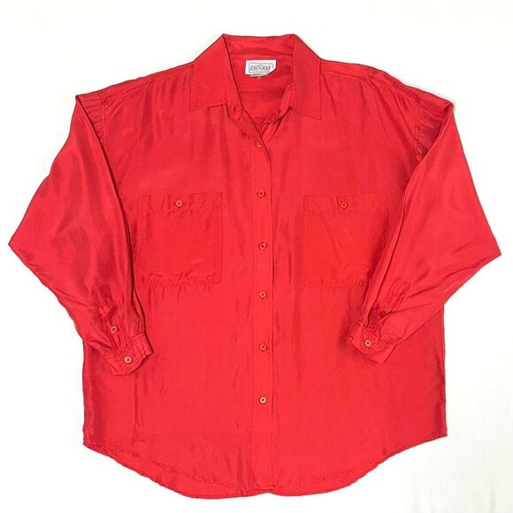 VTG 90s Croquet Club 100% Silk Red Button Up Blouse Sz M Retro Closet Staple - Picture 1 of 6